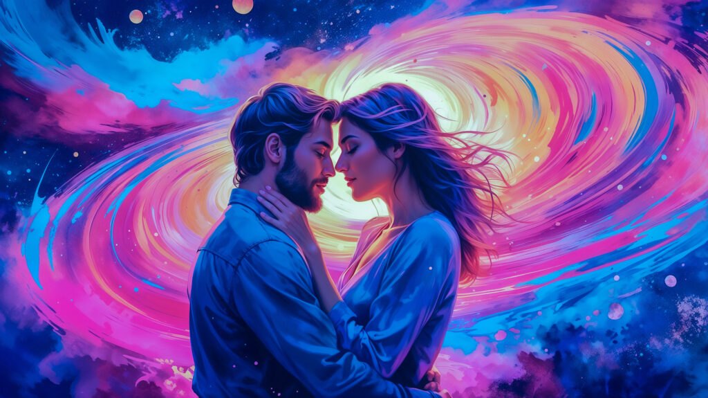 Abstract AI-generated twin flame artwork symbolizing a spiritual connection between two souls